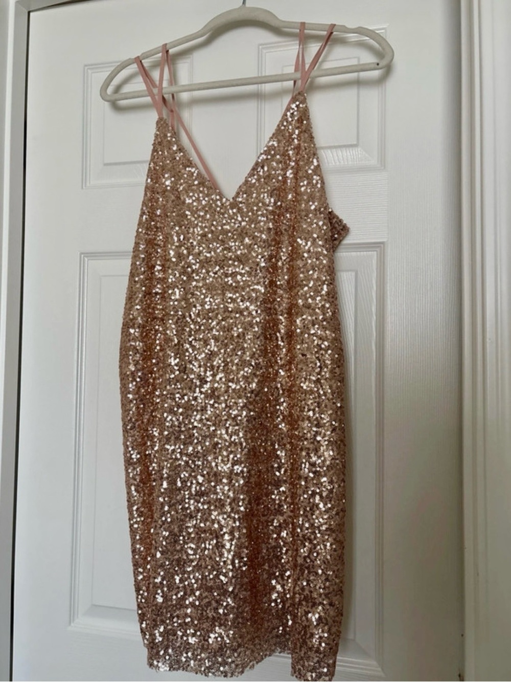 BCBGeneration Rose Gold Sequin Strappy V-Neck Mini Dress